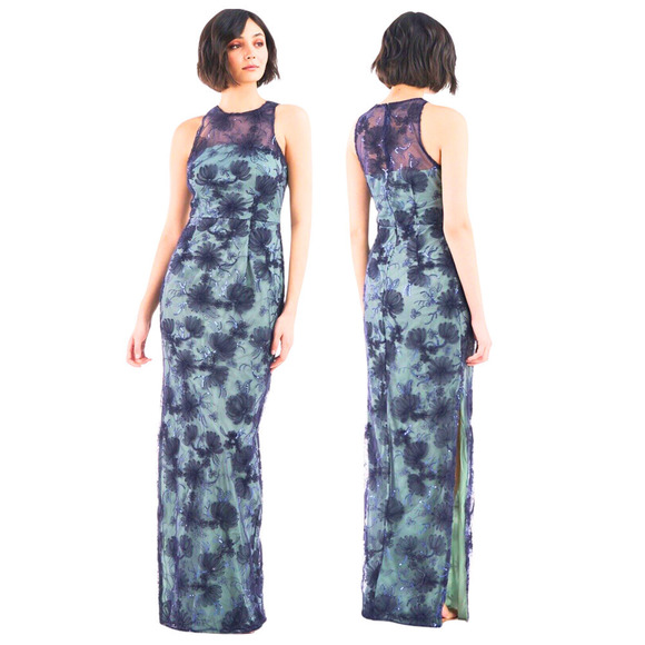 JS Collection NEW Turquoise Embroidered Full-Length Evening Sheath Dress Lace 4 - Picture 1 of 16